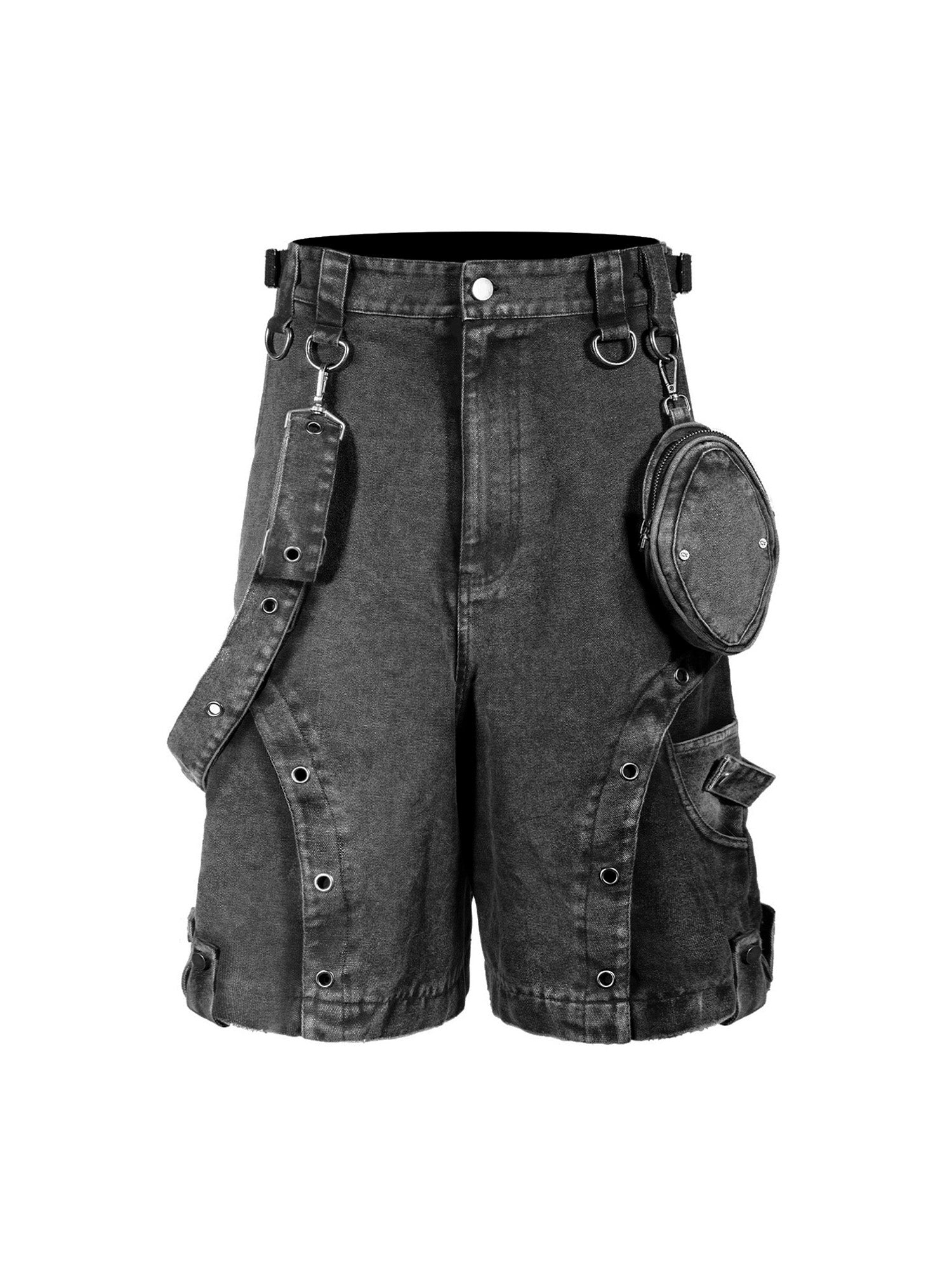 GRAY DENIM CARGO SHORTS MID WAIST WIDE LEG DESIGN