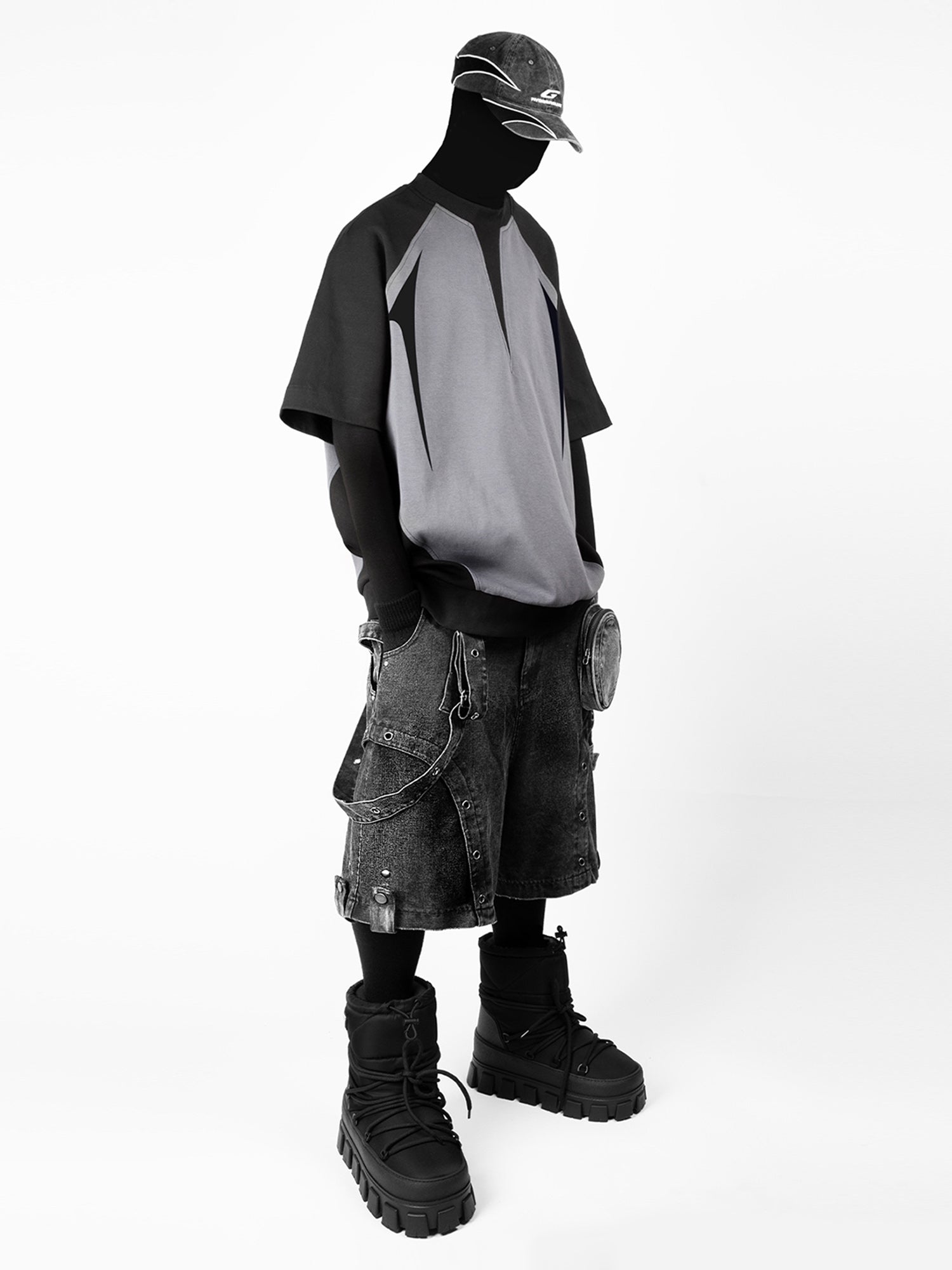 GRAY DENIM CARGO SHORTS MID WAIST WIDE LEG DESIGN