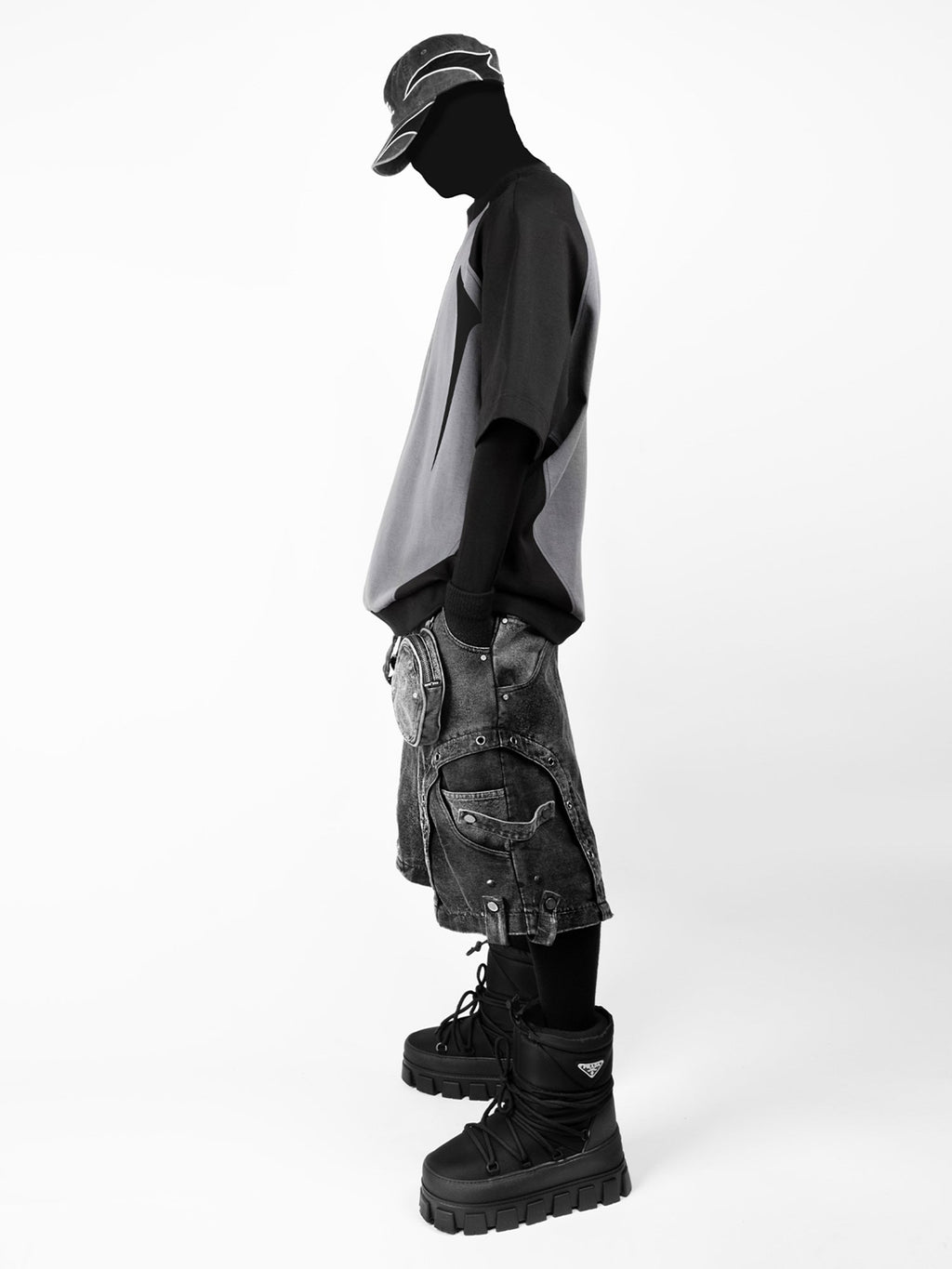 GRAY DENIM CARGO SHORTS MID WAIST WIDE LEG DESIGN