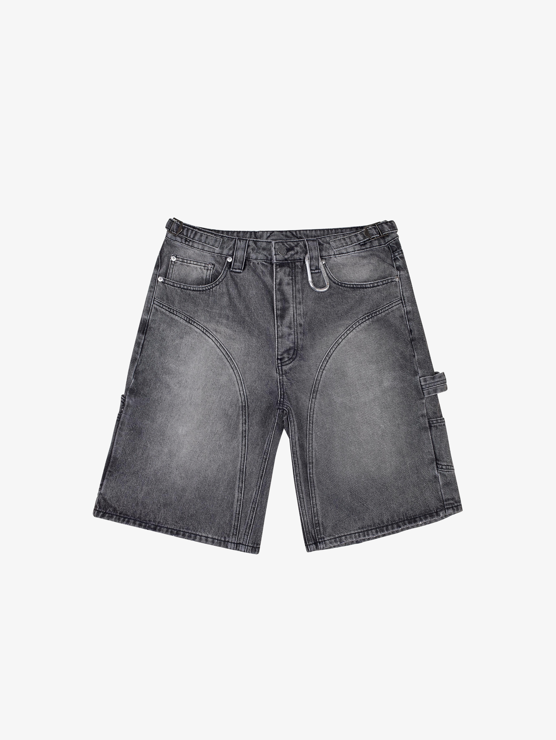 GRAY DENIM CARPENTER SHORTS IN WASHED COTTON DENIM