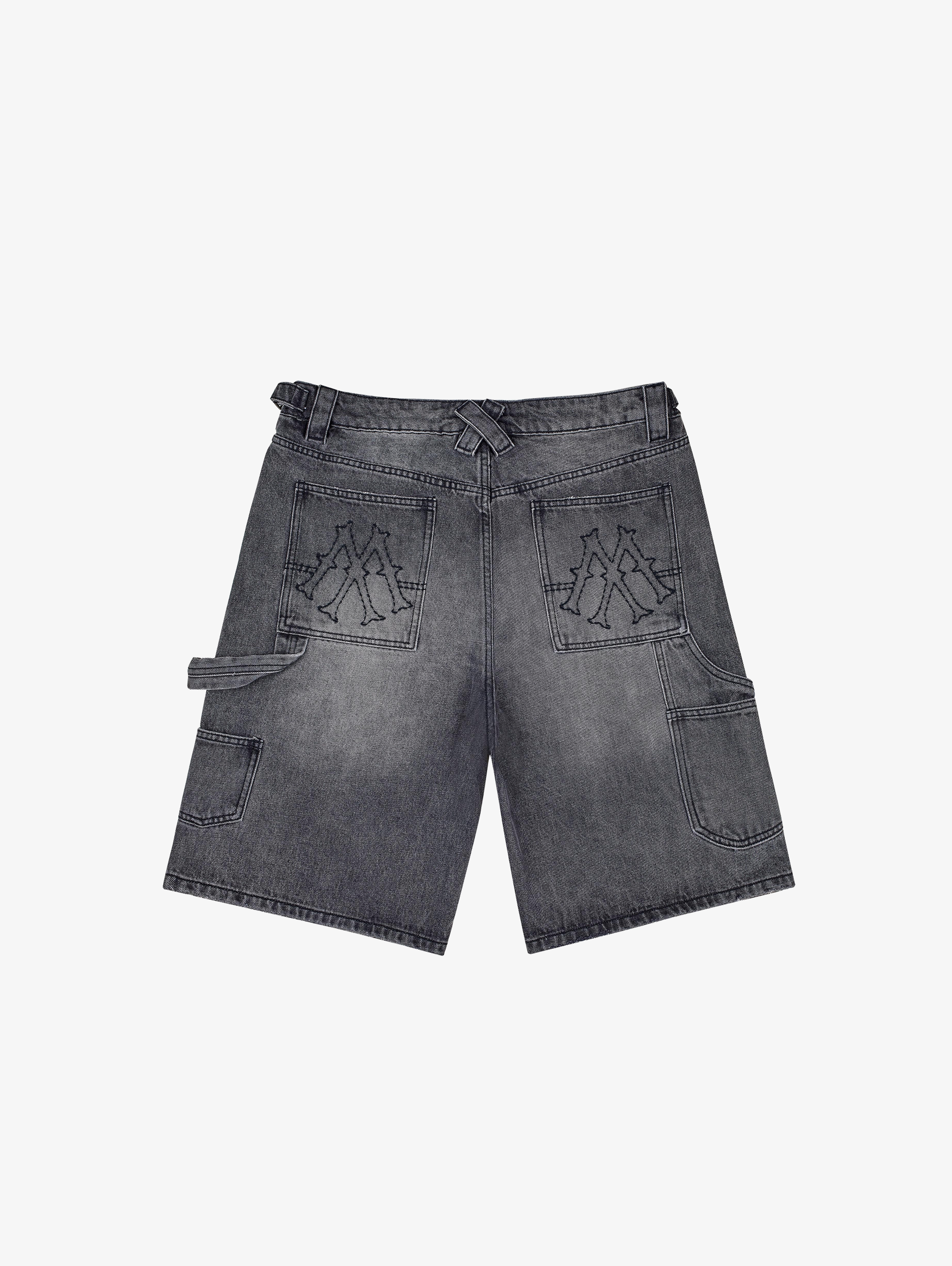 GRAY DENIM CARPENTER SHORTS IN WASHED COTTON DENIM