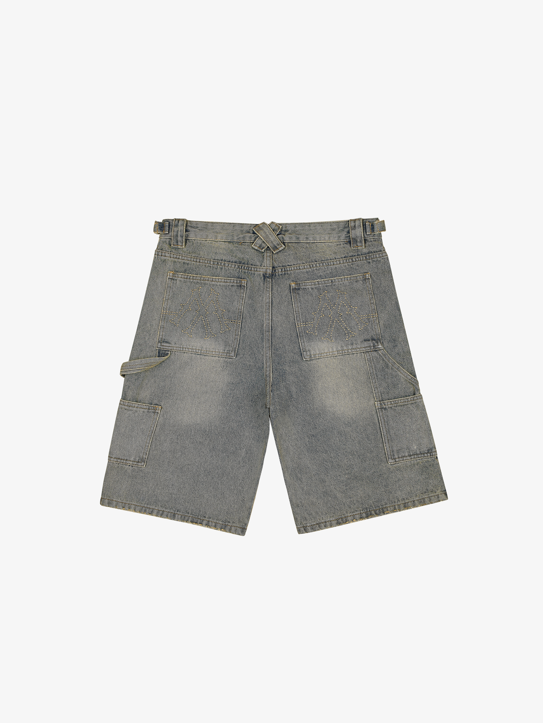 GRAY DENIM CARPENTER SHORTS WITH LIGHT BLUE DENIM ACCENTS