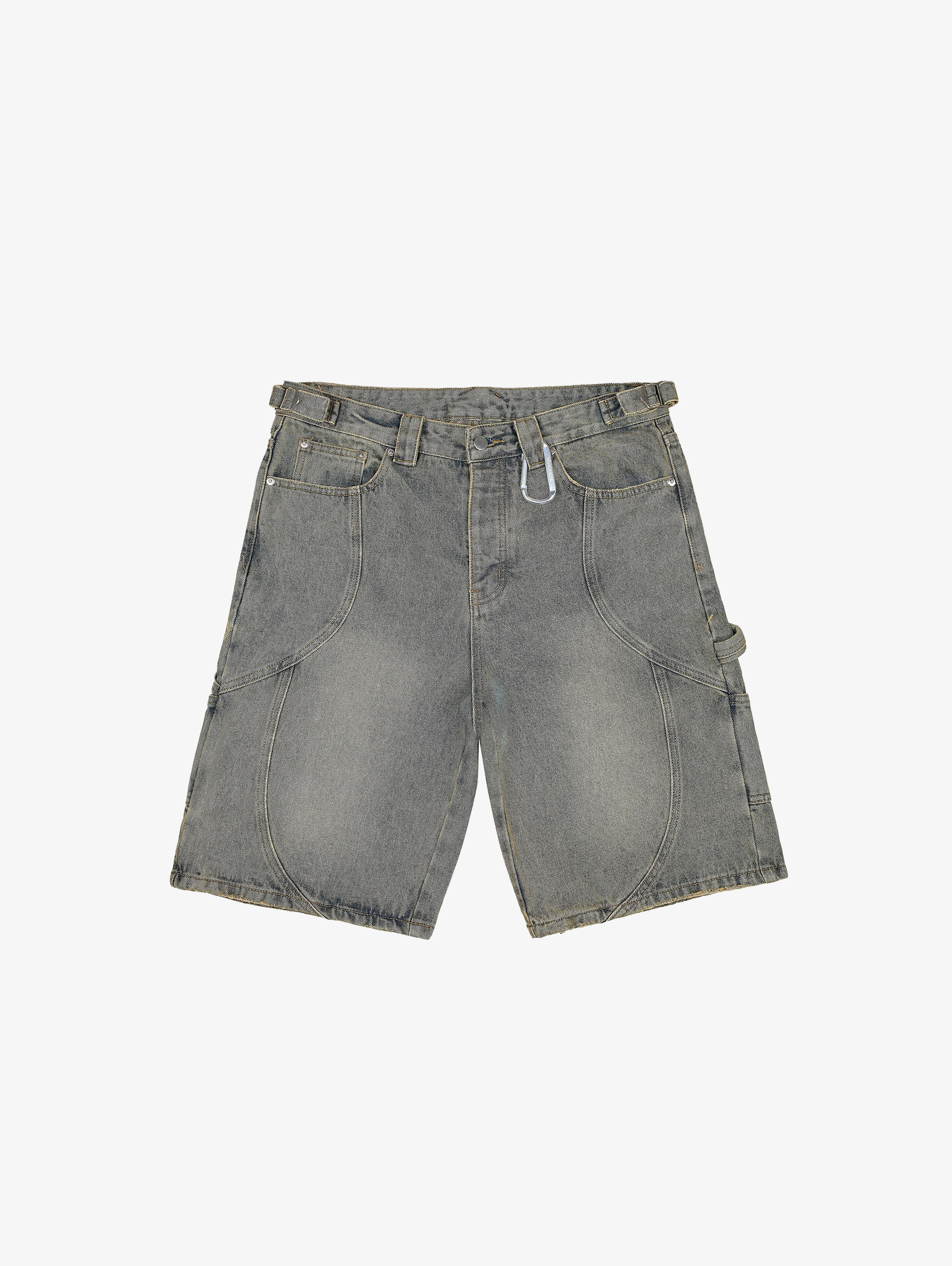 GRAY DENIM CARPENTER SHORTS WITH LIGHT BLUE DENIM ACCENTS