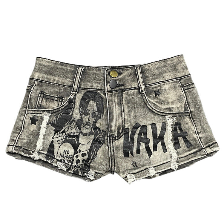 GRAY DENIM SHORTS WITH GRAPHIC PRINT FOR CASUAL WEAR