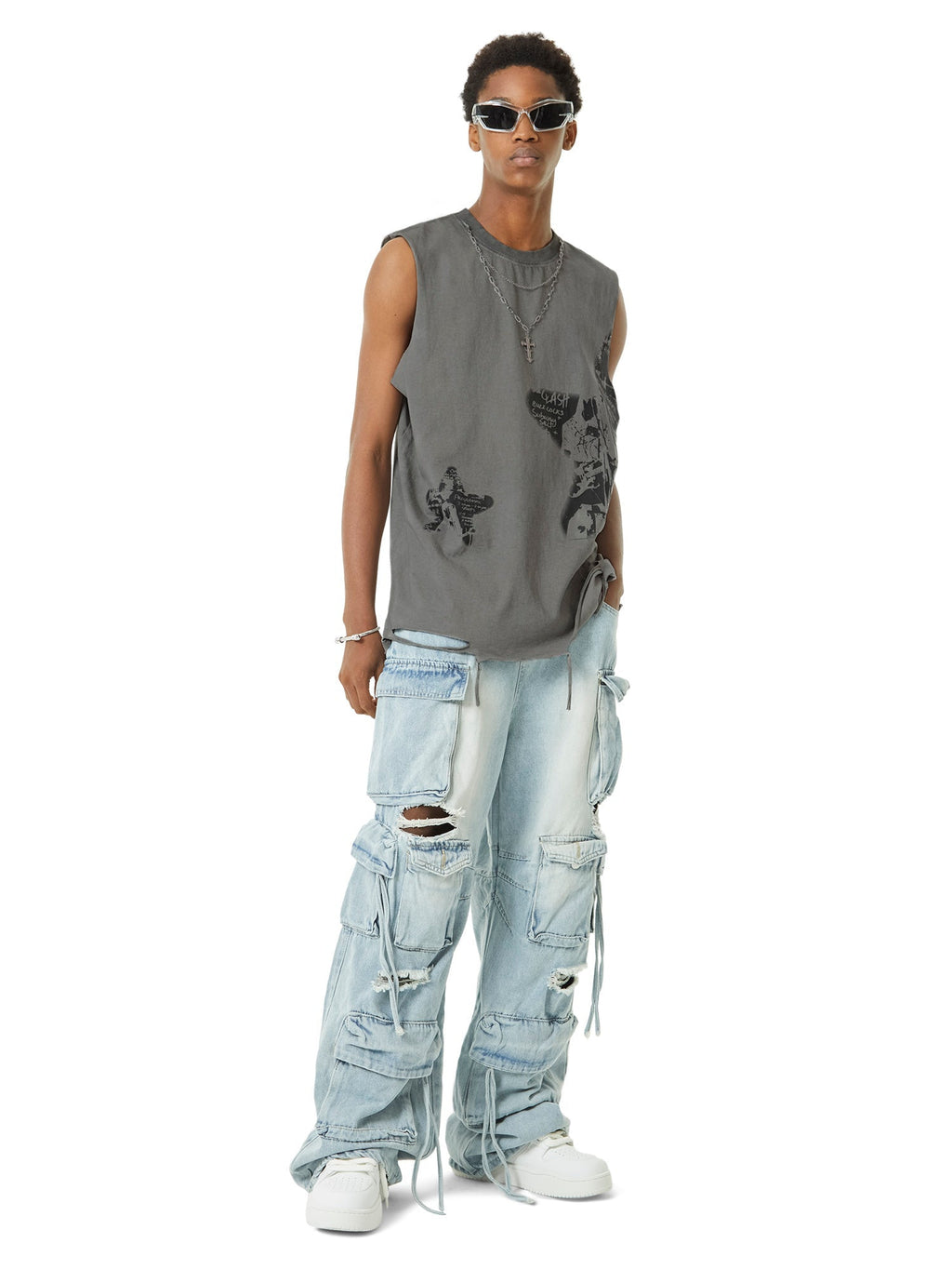 GRAY DISTRESSED GRAPHIC TANK TOP WITH NECKLACE LOOSE FIT SLEEVELESS DESIGN