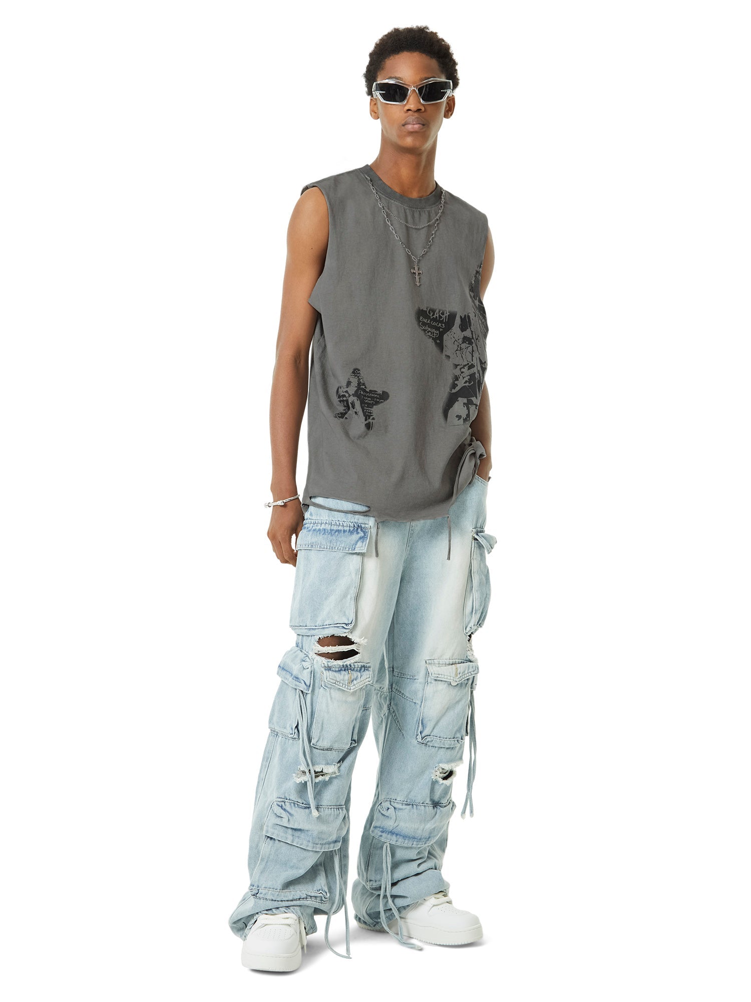 GRAY DISTRESSED GRAPHIC TANK TOP WITH NECKLACE LOOSE FIT SLEEVELESS DESIGN