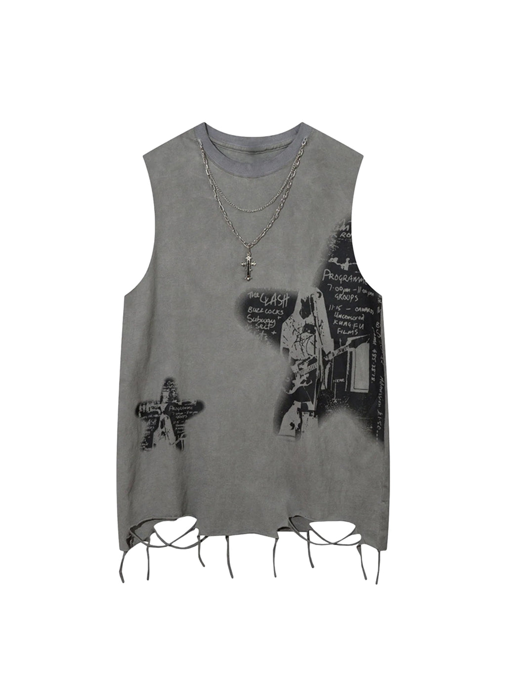 GRAY DISTRESSED GRAPHIC TANK TOP WITH NECKLACE LOOSE FIT SLEEVELESS DESIGN