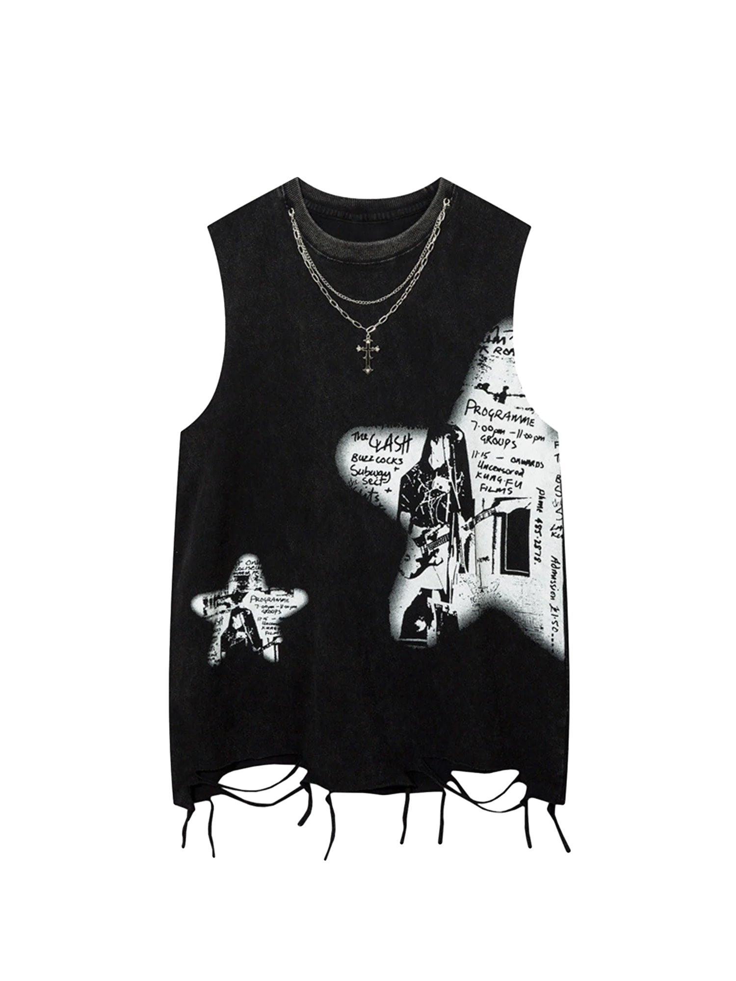 GRAY DISTRESSED GRAPHIC TANK TOP WITH NECKLACE LOOSE FIT SLEEVELESS DESIGN