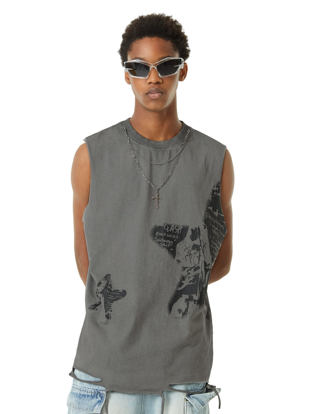 GRAY DISTRESSED GRAPHIC TANK TOP WITH NECKLACE LOOSE FIT SLEEVELESS DESIGN