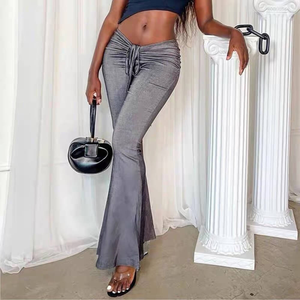 GRAY DRAWSTRING FLARE PANTS FOR WOMEN