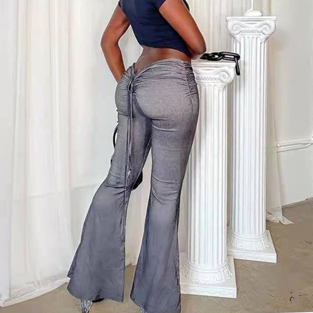 GRAY DRAWSTRING FLARE PANTS FOR WOMEN