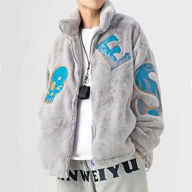 GRAY FAUX FUR JACKET WITH BLUE AND ORANGE PATCHES