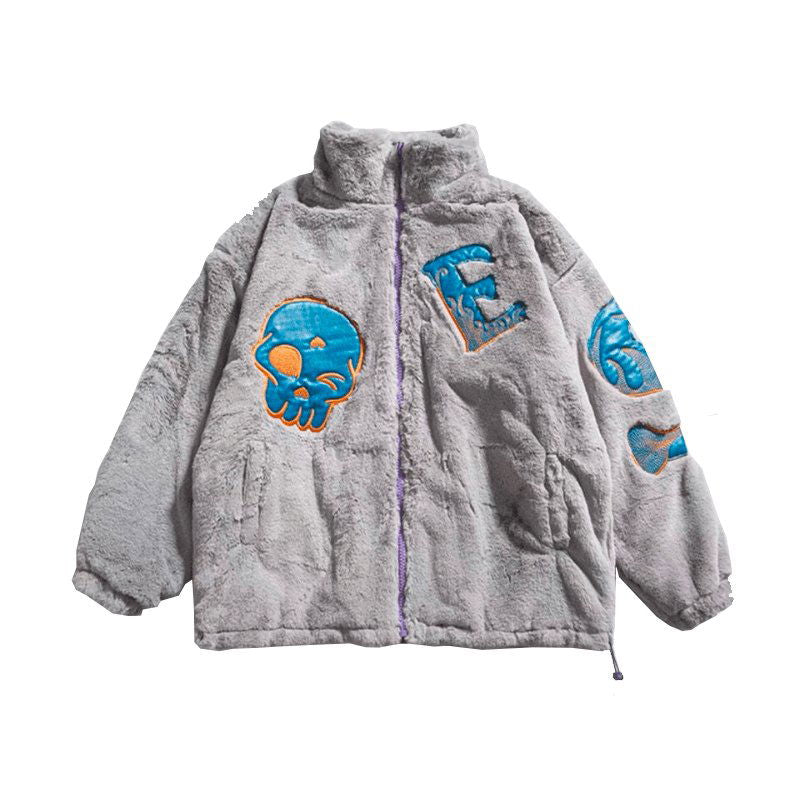 GRAY FAUX FUR JACKET WITH BLUE AND ORANGE PATCHES