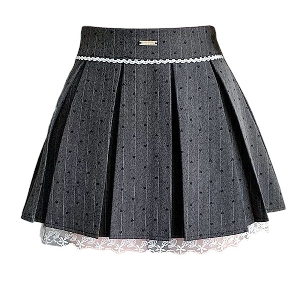 GRAY HEART PLEATED SKIRT WITH LACE TRIM