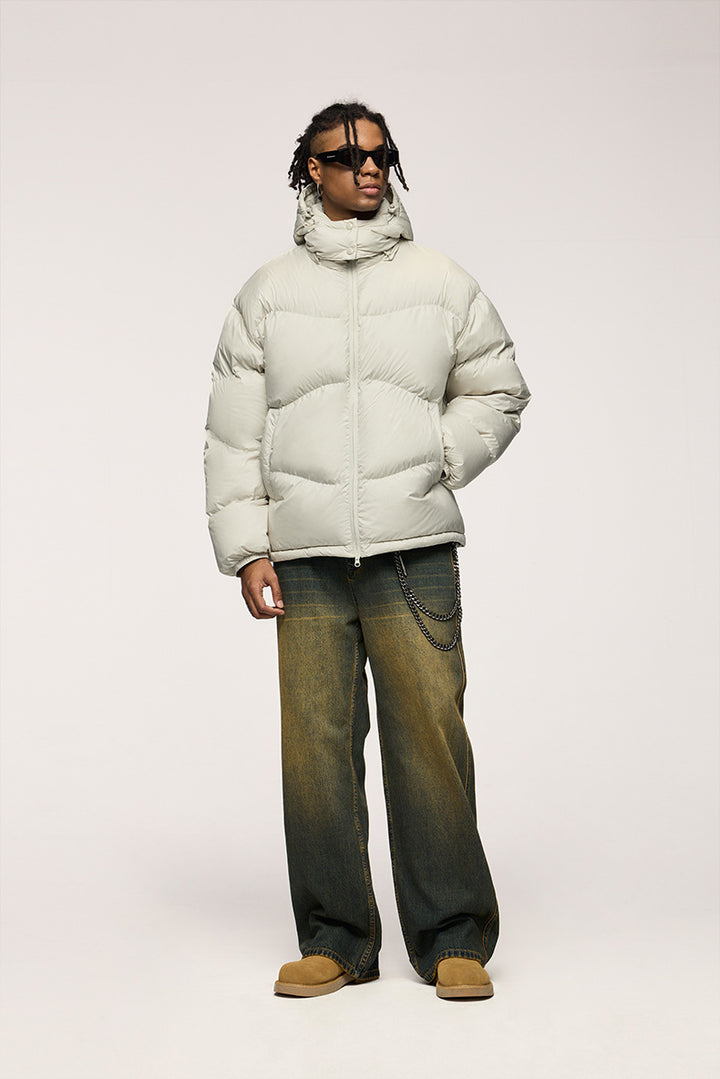 GRAY HOODED PUFFER JACKET - STAY WARM WITH A BASIC PUFFER JACKET