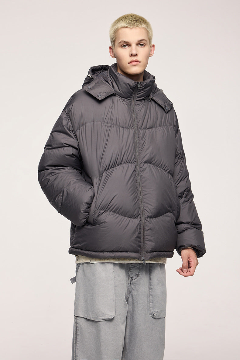 GRAY HOODED PUFFER JACKET - STAY WARM WITH A BASIC PUFFER JACKET