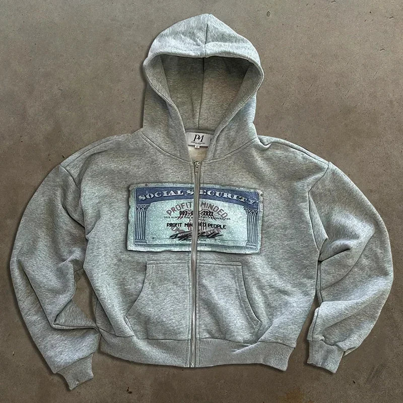 GRAY HOODED ZIP-UP SWEATSHIRT Y2K RETRO AUTUMN