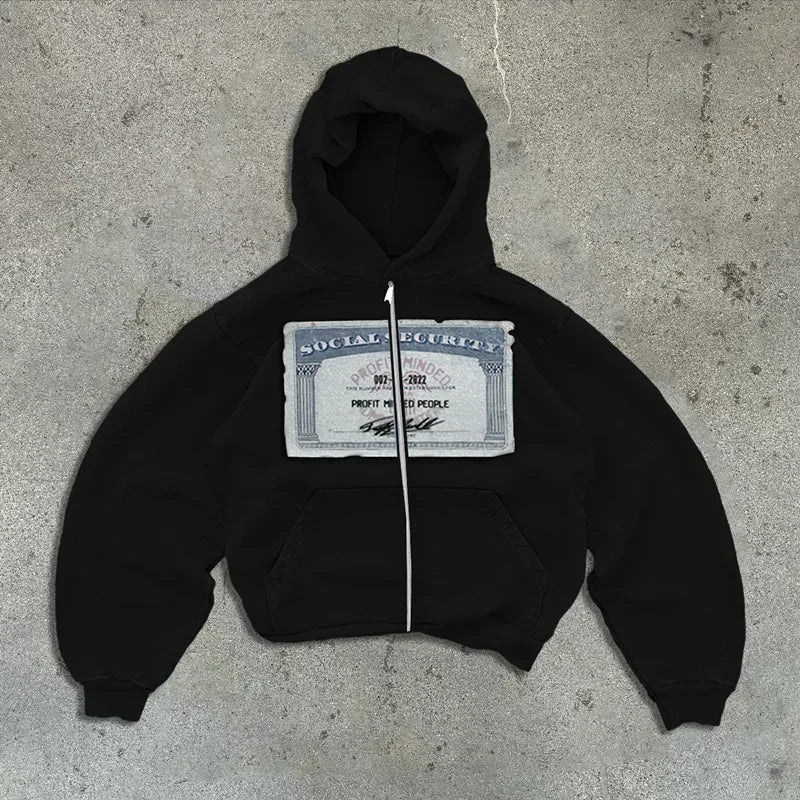 GRAY HOODED ZIP-UP SWEATSHIRT Y2K RETRO AUTUMN