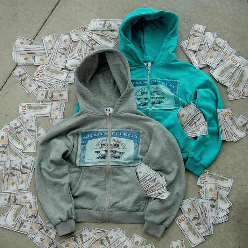 GRAY HOODED ZIP-UP SWEATSHIRT Y2K RETRO AUTUMN