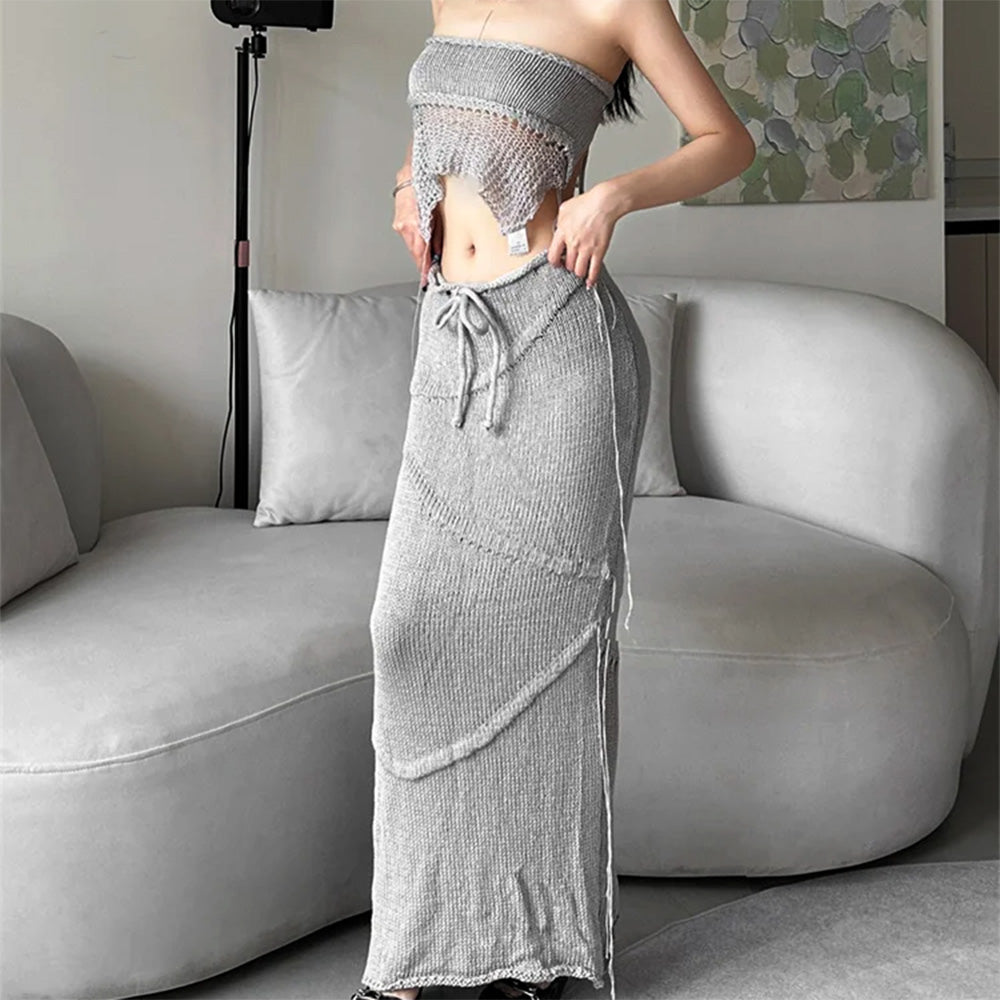 GRAY KNIT CROCHET MAXI SKIRT