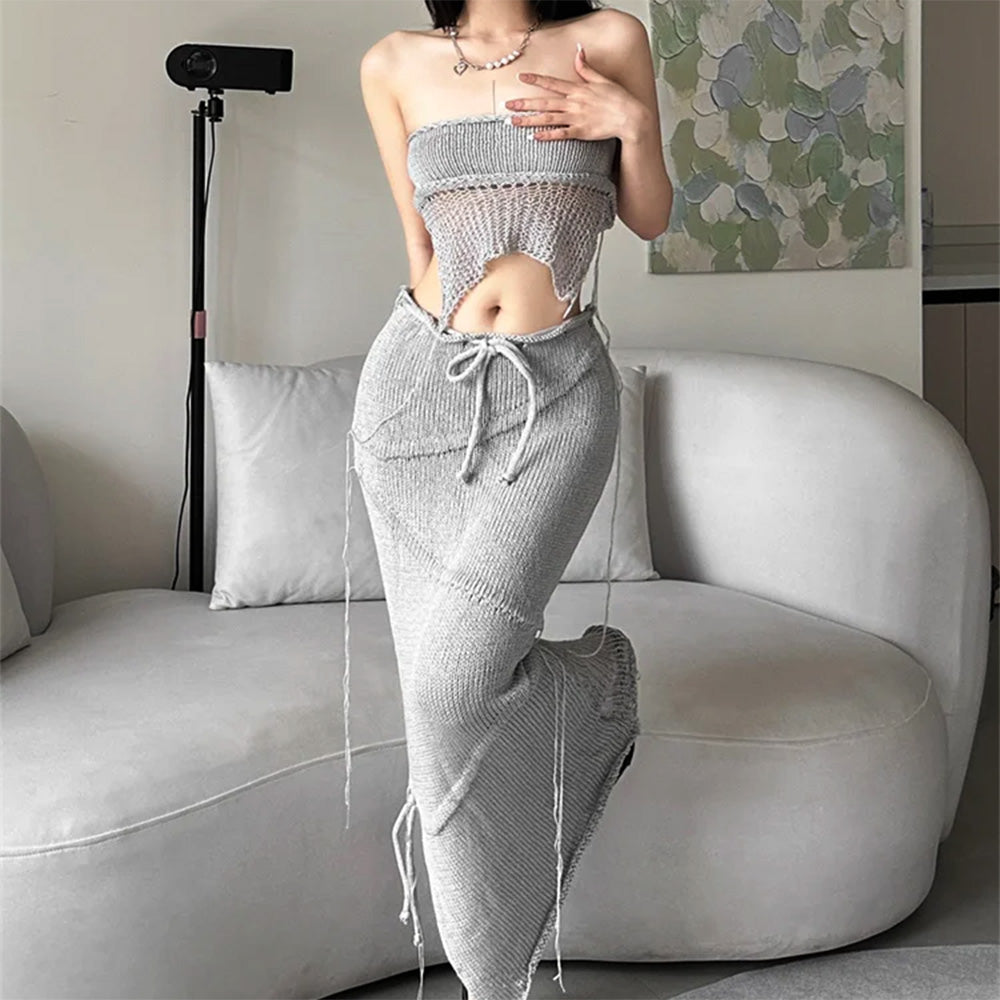 GRAY KNIT CROCHET MAXI SKIRT