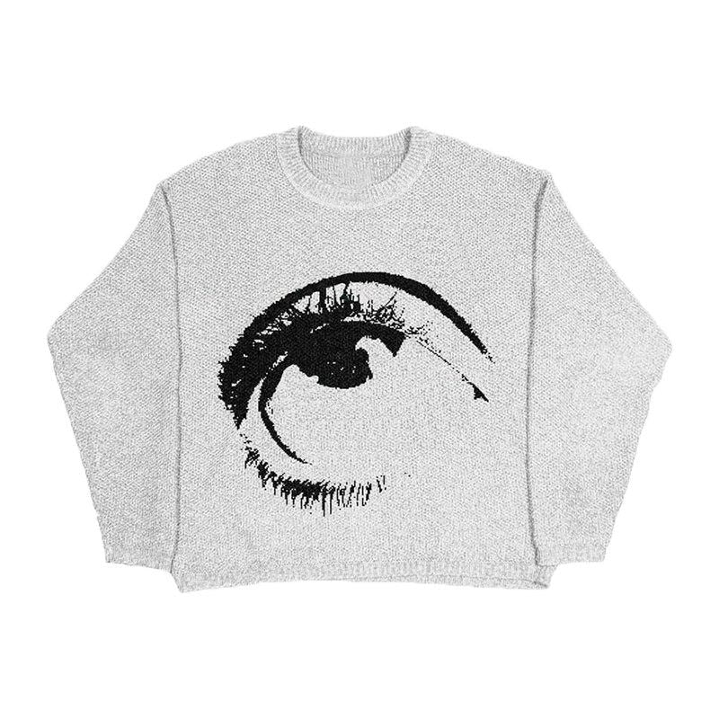 GRAY KNIT SWEATER WITH EYE GRAPHIC - MALIA DESIGN