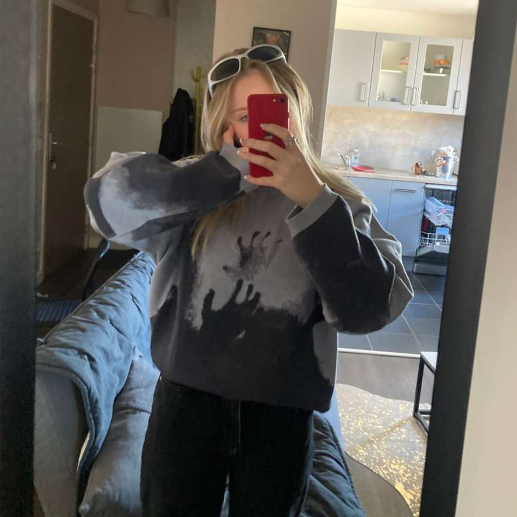 GRAY KNIT SWEATER WITH SHADOWY HAND GRAPHICS FOR CHILLY DAYS - UNIQUE KNIT DESIGN