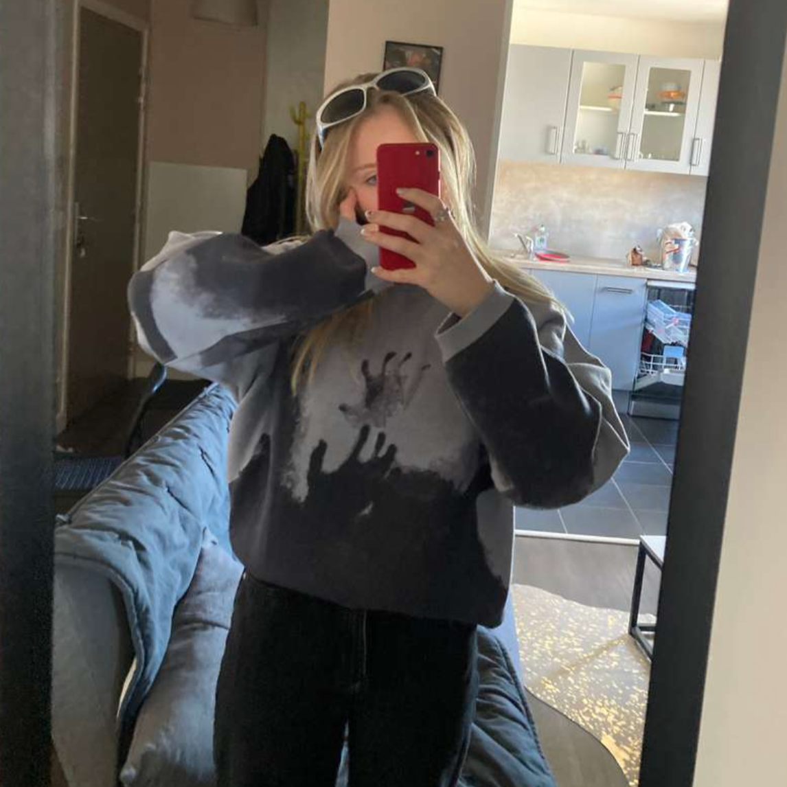 GRAY KNIT SWEATER WITH SHADOWY HAND GRAPHICS FOR CHILLY DAYS - UNIQUE KNIT DESIGN