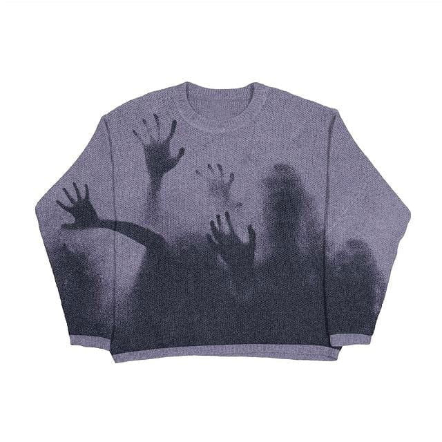 GRAY KNIT SWEATER WITH SHADOWY HAND GRAPHICS FOR CHILLY DAYS - UNIQUE KNIT DESIGN