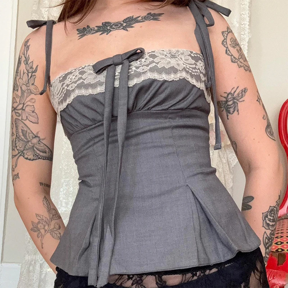 GRAY LACE CAMISOLE TOP ADJUSTABLE TIE STRAPS