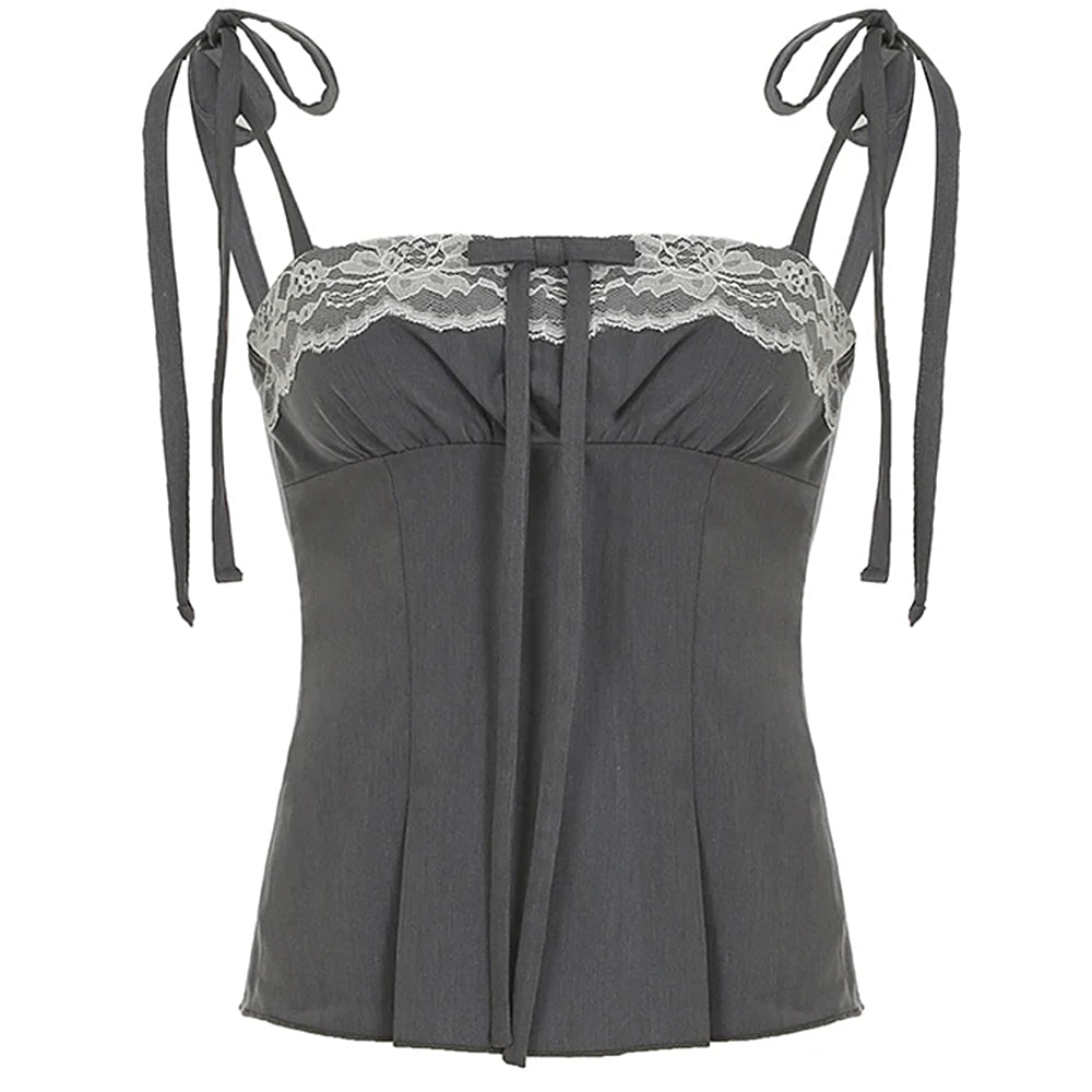 GRAY LACE CAMISOLE TOP ADJUSTABLE TIE STRAPS