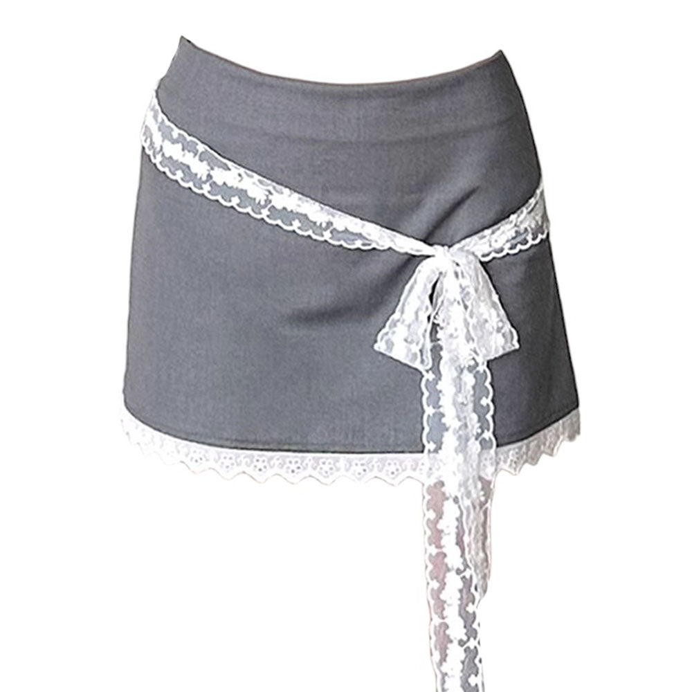 GRAY LACE TRIM MINI SKIRT WAIST MEASURES APPROXIMATELY