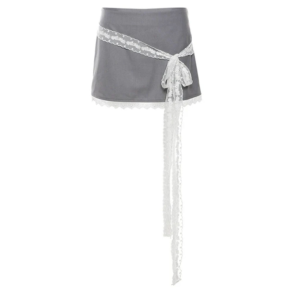 GRAY LACE TRIM MINI SKIRT WAIST MEASURES APPROXIMATELY