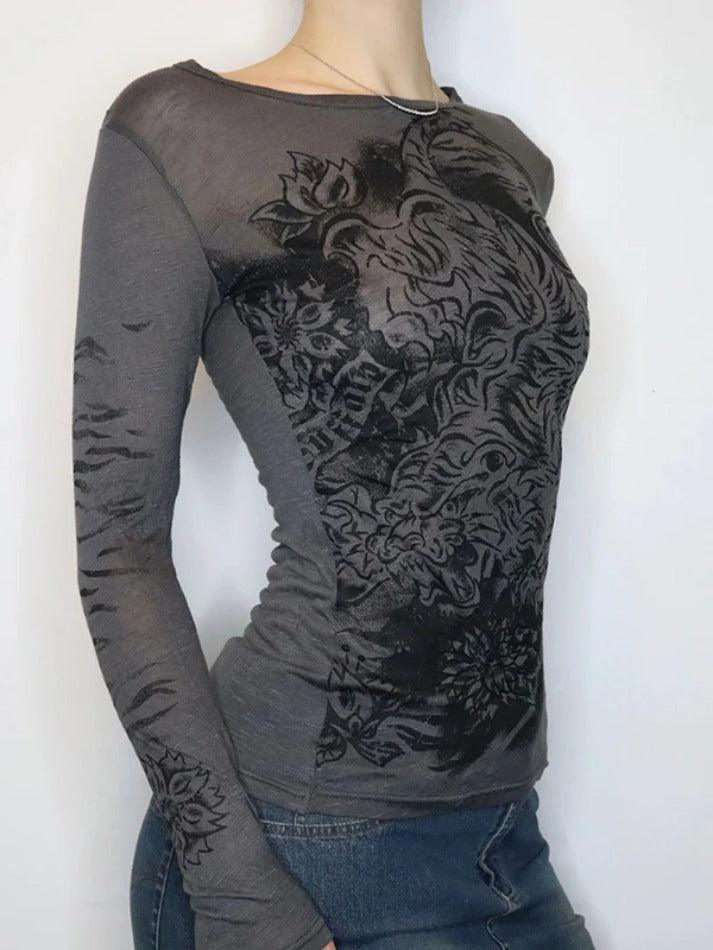 GRAY LONG SLEEVE SHIRT WITH TIGER GRAPHIC PRINT VERSATILE LONG SLEEVE