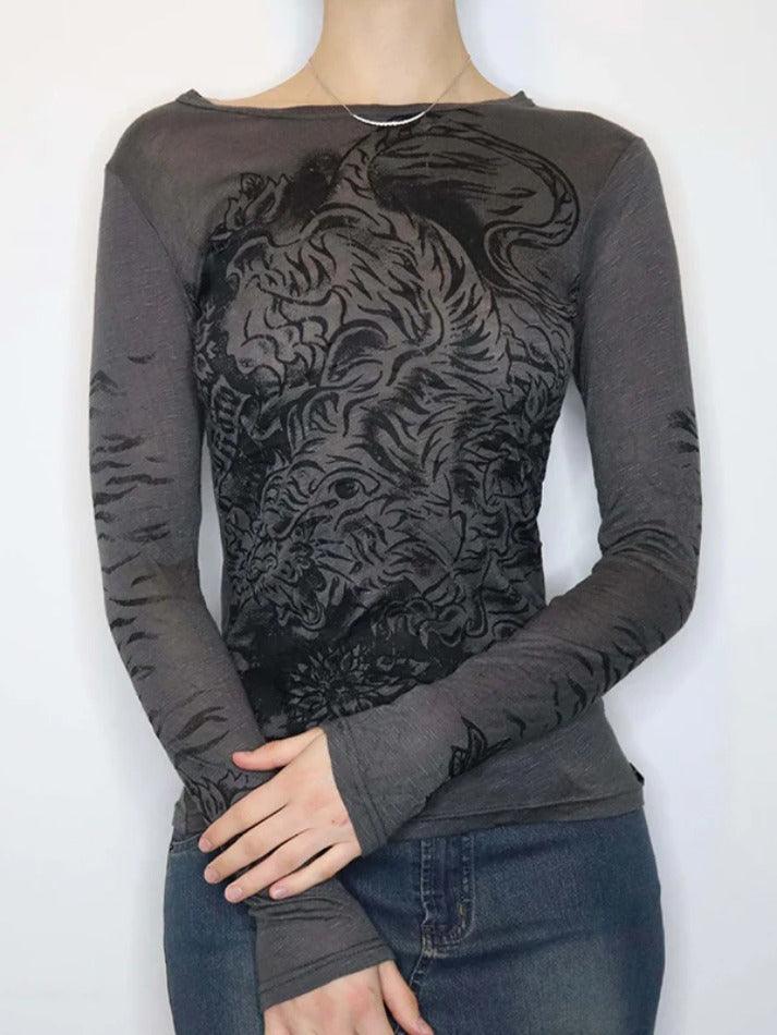 GRAY LONG SLEEVE SHIRT WITH TIGER GRAPHIC PRINT VERSATILE LONG SLEEVE