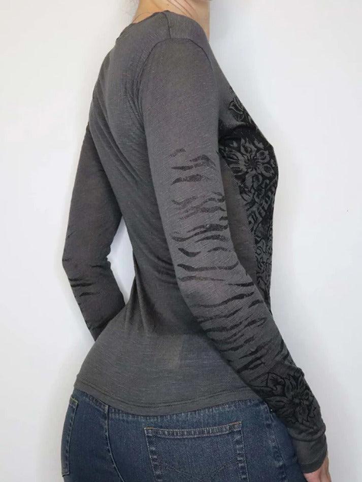 GRAY LONG SLEEVE SHIRT WITH TIGER GRAPHIC PRINT VERSATILE LONG SLEEVE