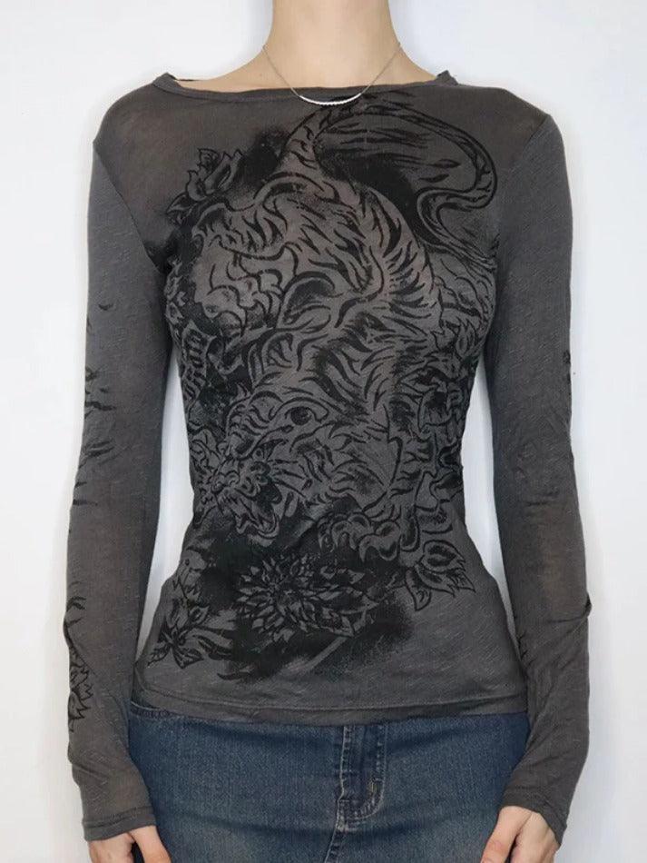 GRAY LONG SLEEVE SHIRT WITH TIGER GRAPHIC PRINT VERSATILE LONG SLEEVE