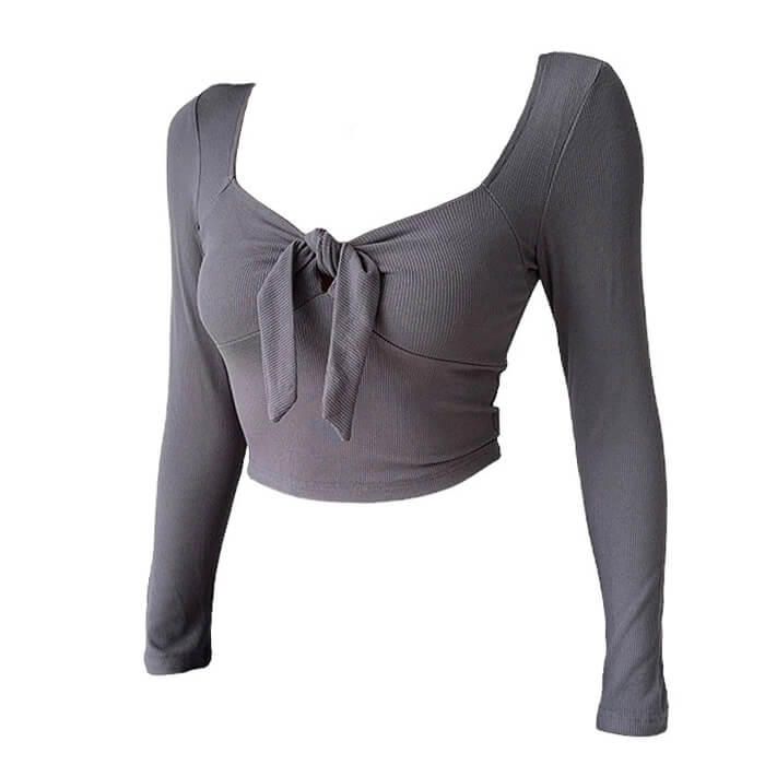 GRAY LONG-SLEEVED TIE-FRONT CROP TOP FOR WOMEN