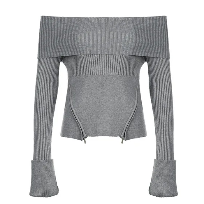GRAY OFF-THE-SHOULDER RIBBED SWEATER WITH ZIPPER DETAILS FOR WOMEN