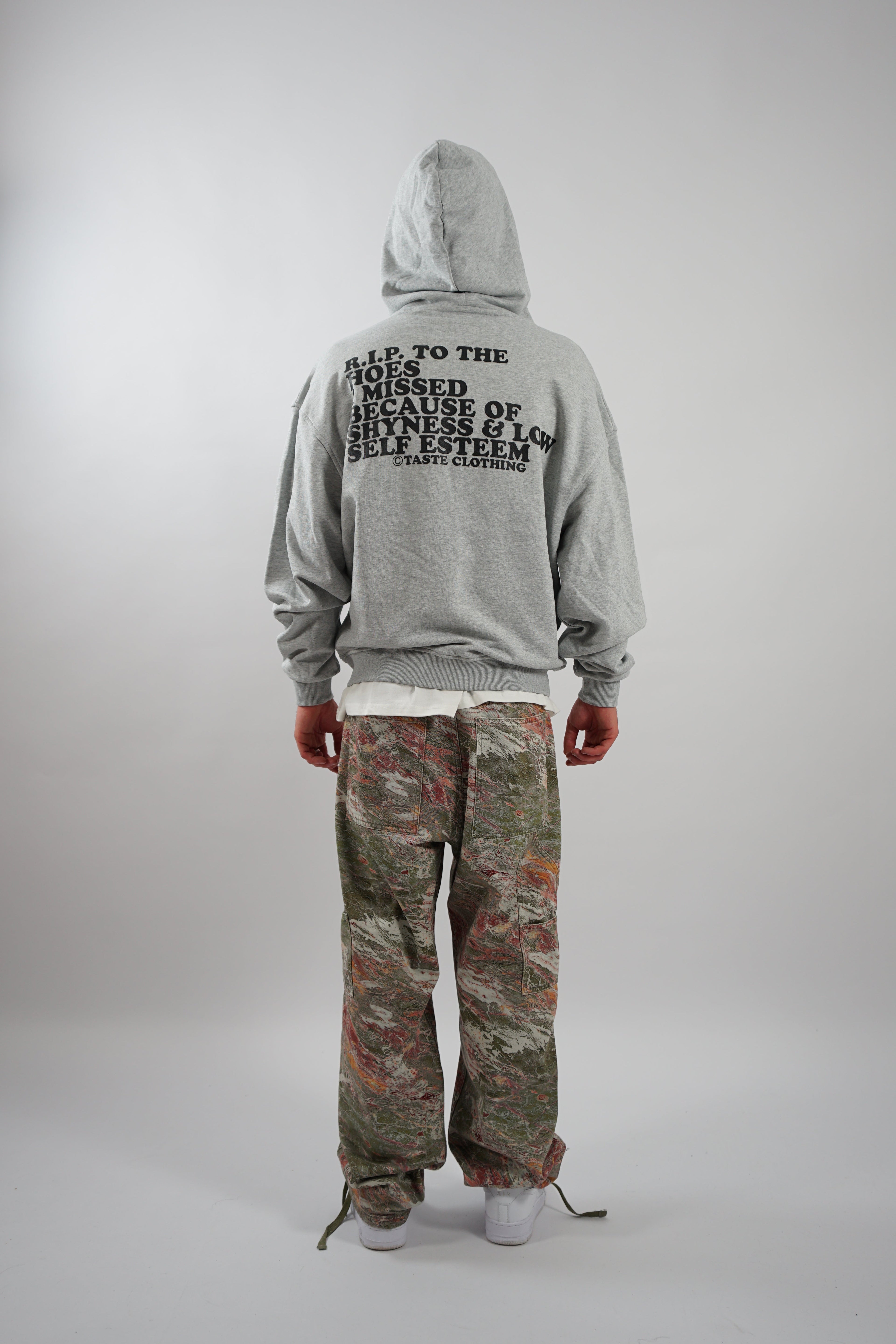 GRAY OVERSIZED ZIPPER HOODIE WITH TEXT ON BACK