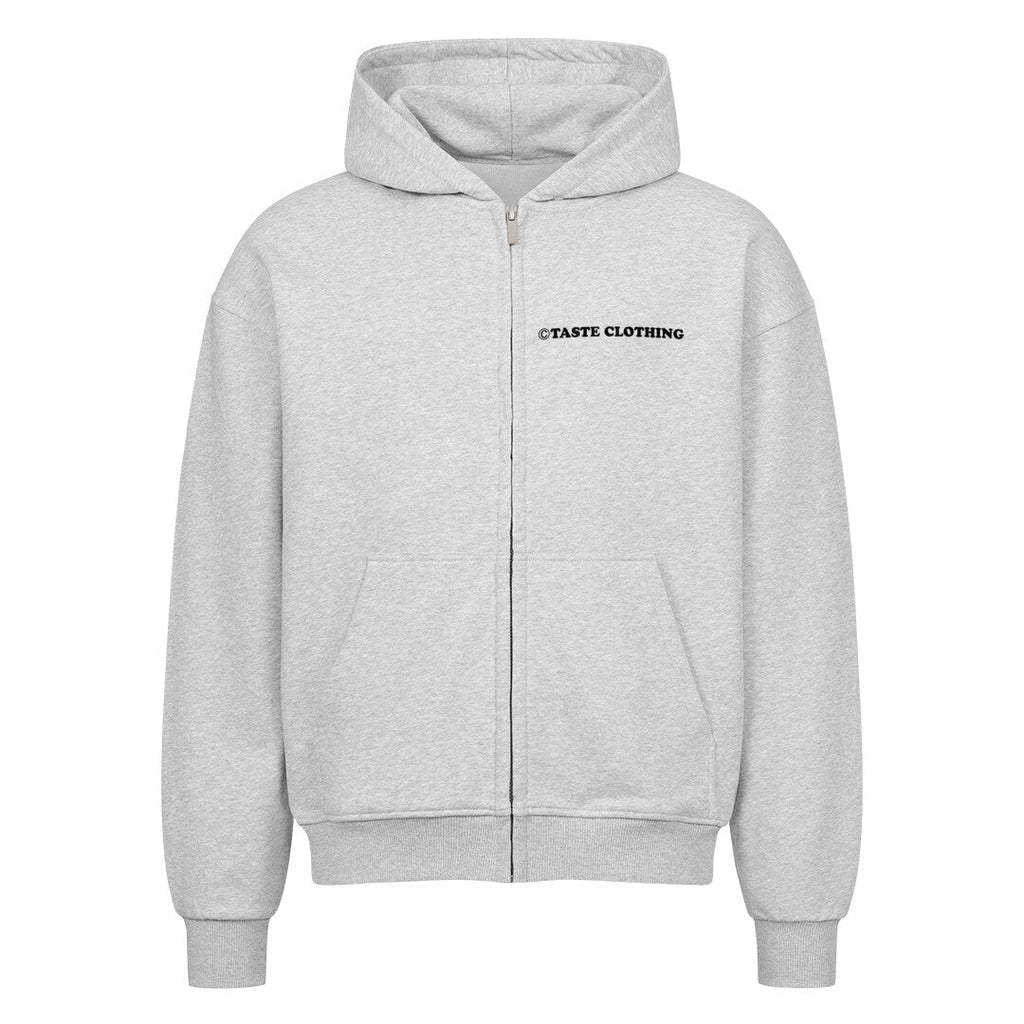GRAY OVERSIZED ZIPPER HOODIE WITH TEXT ON BACK