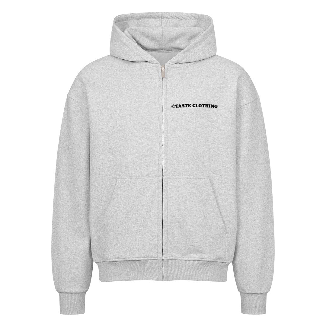 GRAY OVERSIZED ZIPPER HOODIE WITH TEXT ON BACK
