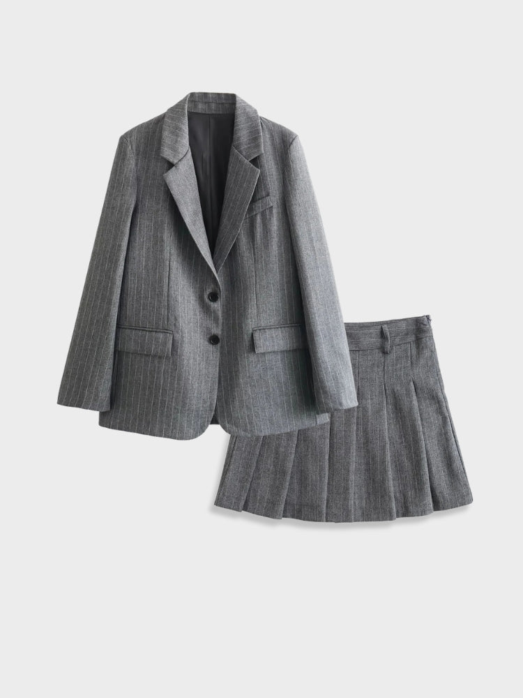 GRAY PINSTRIPE BLAZER AND PLEATED SKIRT SET - TIMELESS ELEGANCE OUTFIT