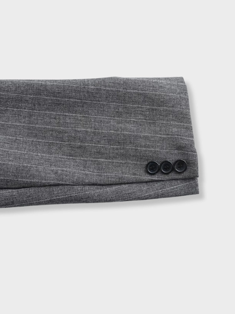 GRAY PINSTRIPE BLAZER AND PLEATED SKIRT SET - TIMELESS ELEGANCE OUTFIT