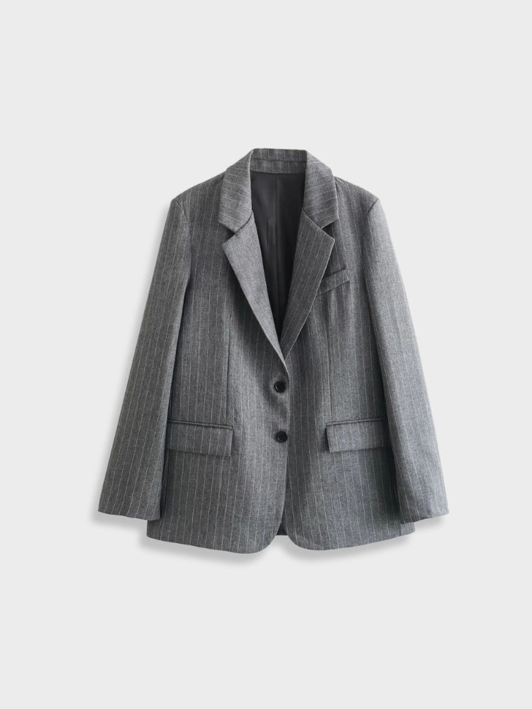 GRAY PINSTRIPE BLAZER AND PLEATED SKIRT SET - TIMELESS ELEGANCE OUTFIT