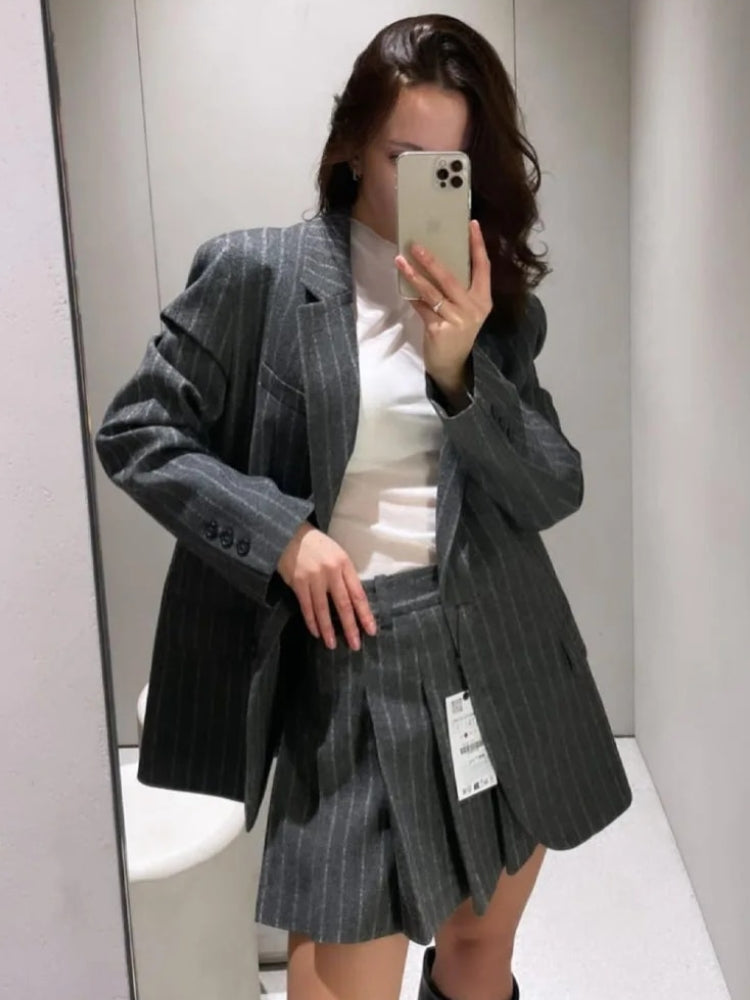 GRAY PINSTRIPE BLAZER AND PLEATED SKIRT SET - TIMELESS ELEGANCE OUTFIT