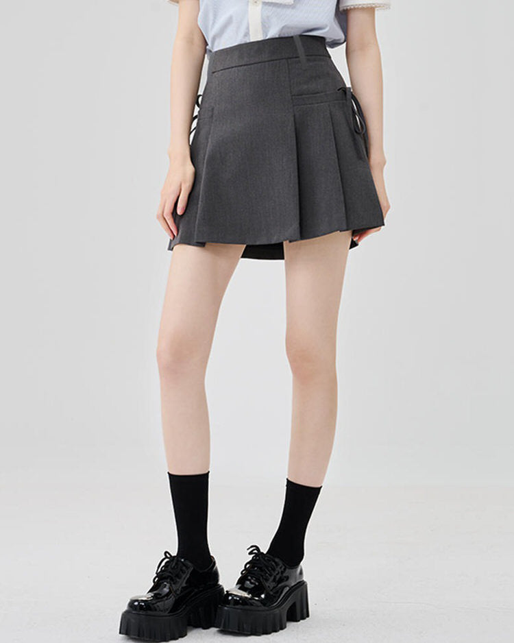 GRAY PLEATED MINI SKIRT WITH TIE DETAILS FOR WOMEN
