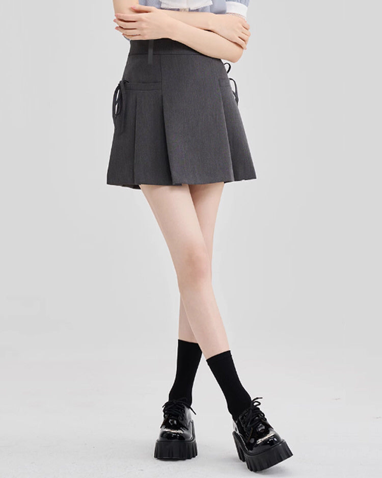 GRAY PLEATED MINI SKIRT WITH TIE DETAILS FOR WOMEN