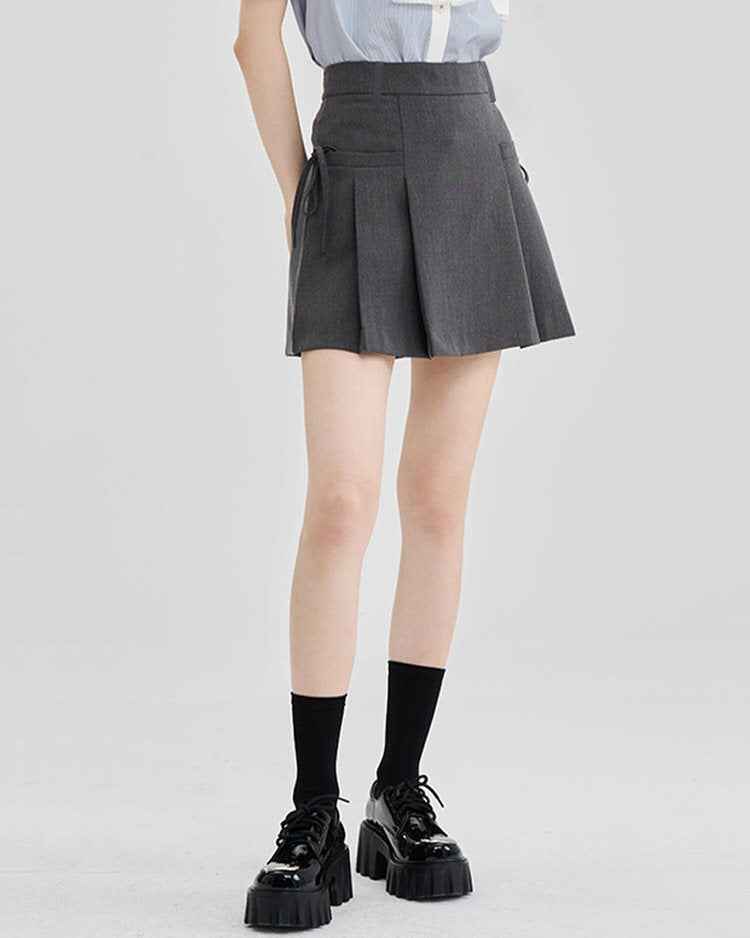 GRAY PLEATED MINI SKIRT WITH TIE DETAILS FOR WOMEN