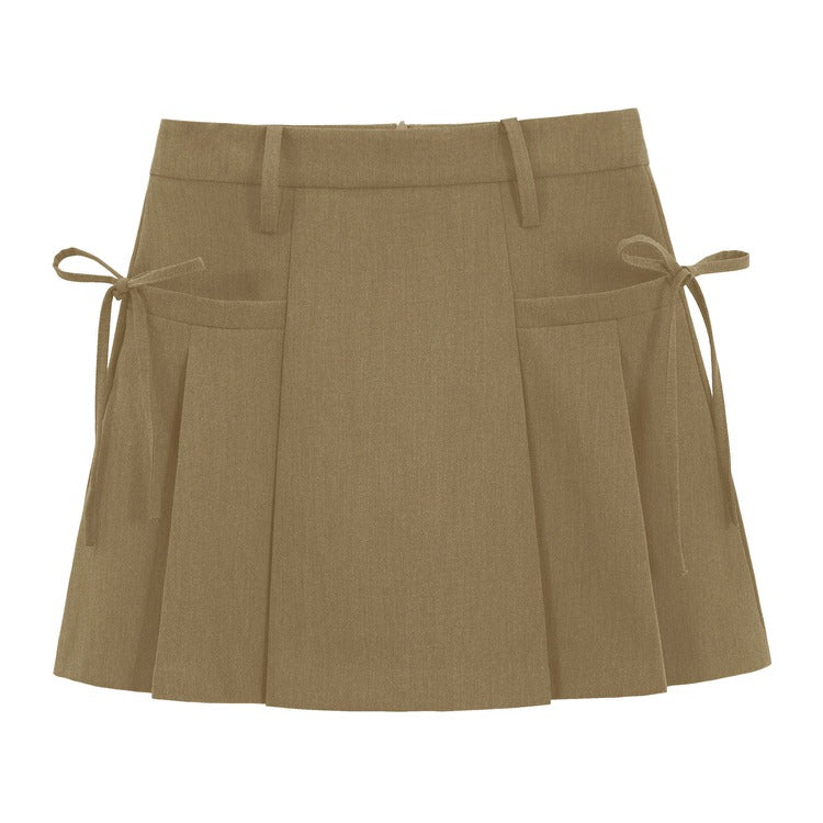 GRAY PLEATED MINI SKIRT WITH TIE DETAILS FOR WOMEN